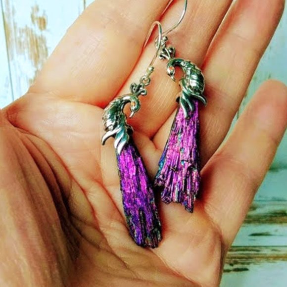 Rainbow Aura Kyanite Peacock Sterling Earrings - Picture 2 of 6